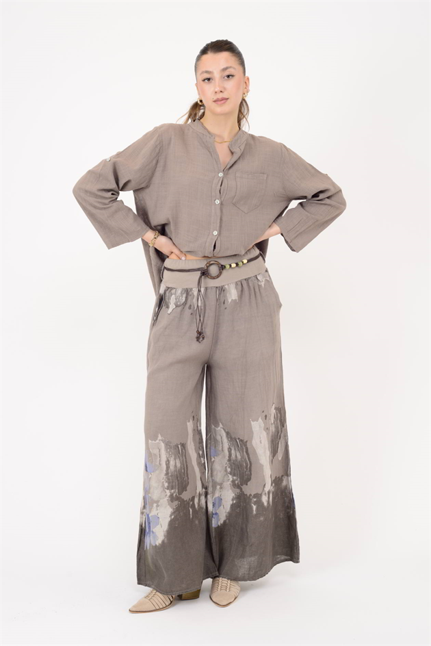 8730 SPLASH DESEN GENİŞ PAÇA KEMERLİ PANTOLON