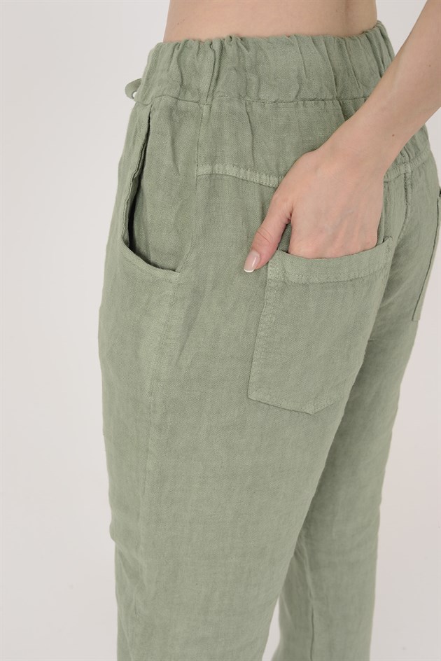 88433 BELİ LASTİKLİ HAVUÇ KETEN PANTOLON