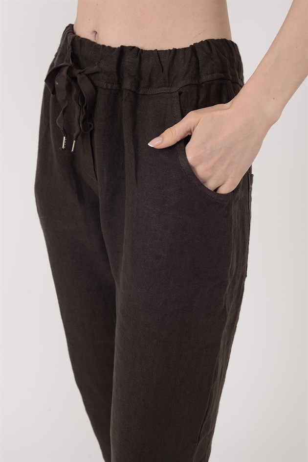 88433 BELİ LASTİKLİ HAVUÇ KETEN PANTOLON