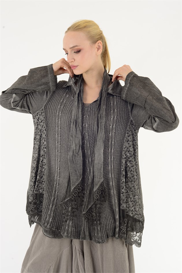 9039 DANTELLİ FULAR DETAYLI 3LÜ TRİKO BLUZ