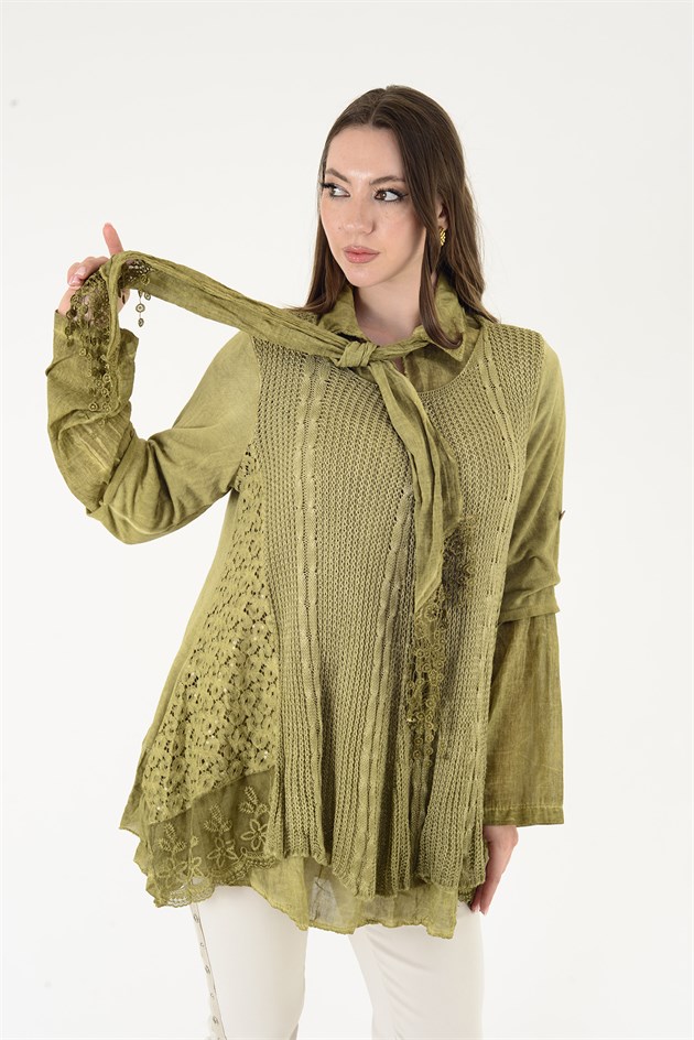 9039 DANTELLİ FULAR DETAYLI 3LÜ TRİKO BLUZ