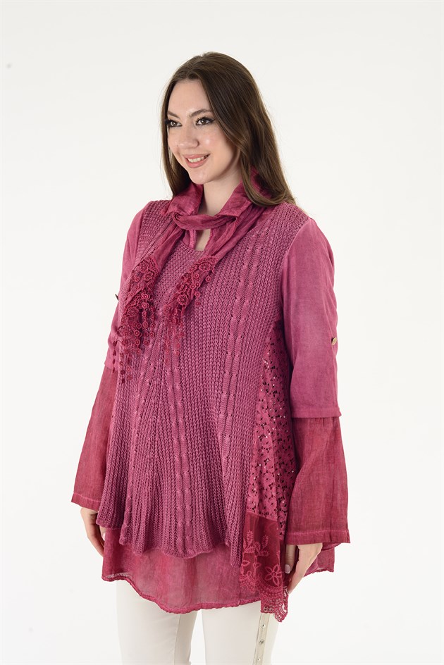 9039 DANTELLİ FULAR DETAYLI 3LÜ TRİKO BLUZ