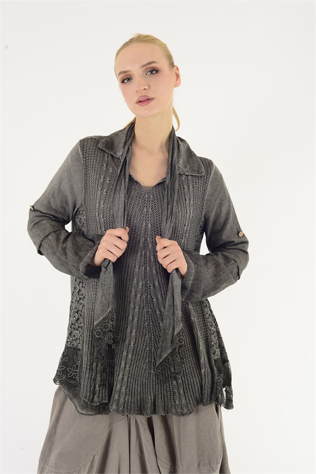 9039 DANTELLİ FULAR DETAYLI 3LÜ TRİKO BLUZ