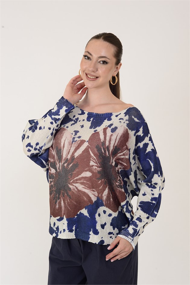 9066Y-1 MERRY BATİK ÇİÇEK DESEN MERSERİZE TRİKO BLUZ