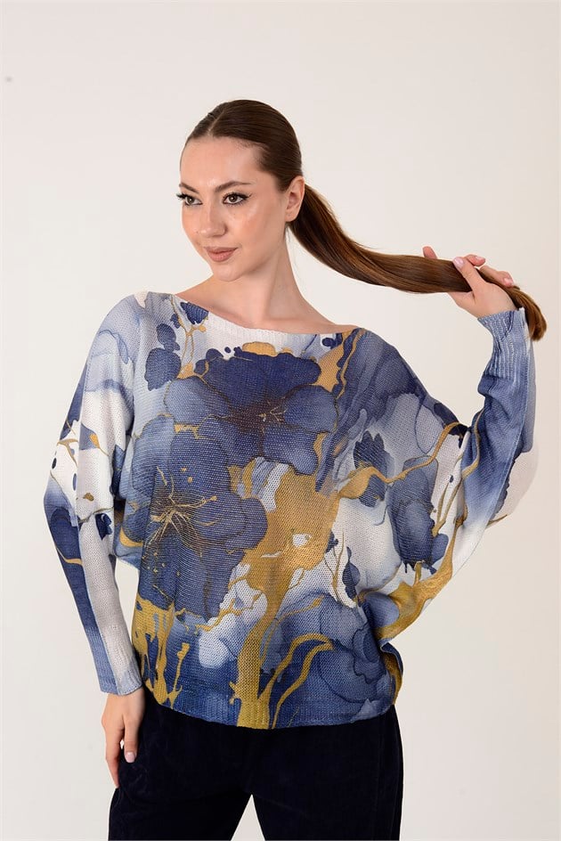 9066Y-1 MERRY DALGALI ÇİÇEK DESEN MERSERİZE TRİKO BLUZ