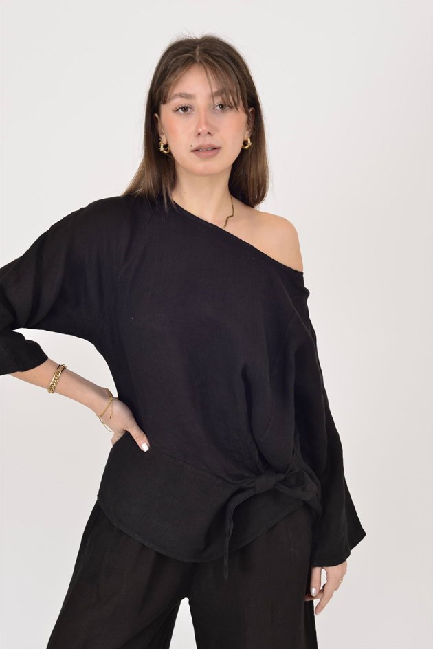 9099 BAĞLAMA DETAYLI KETEN BLUZ