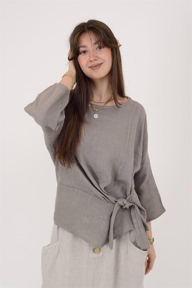 9099 BAĞLAMA DETAYLI KETEN BLUZ
