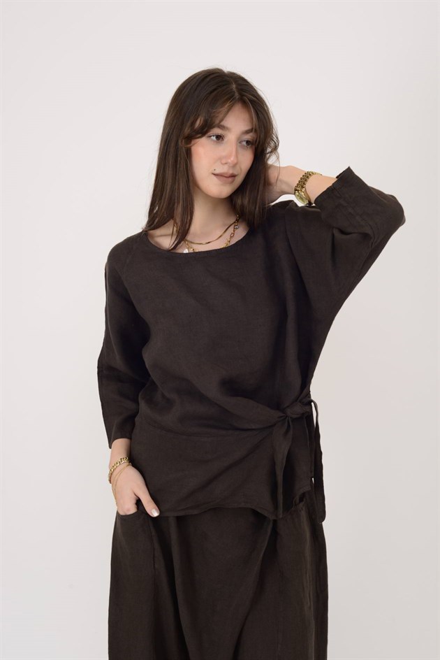 9099 BAĞLAMA DETAYLI KETEN BLUZ