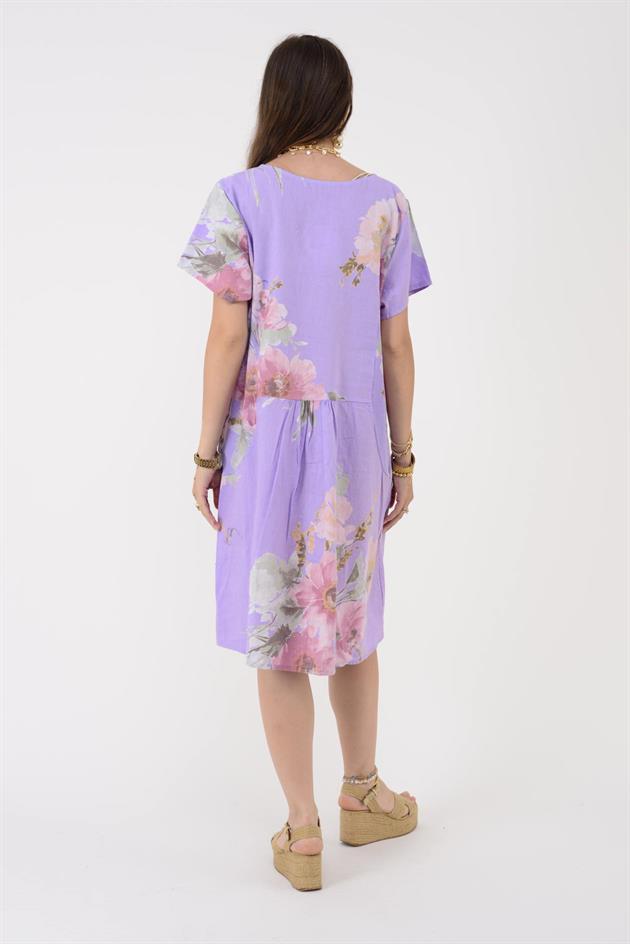 9118  SPRING ÇİÇEK DESEN KISA KETEN ELBİSE