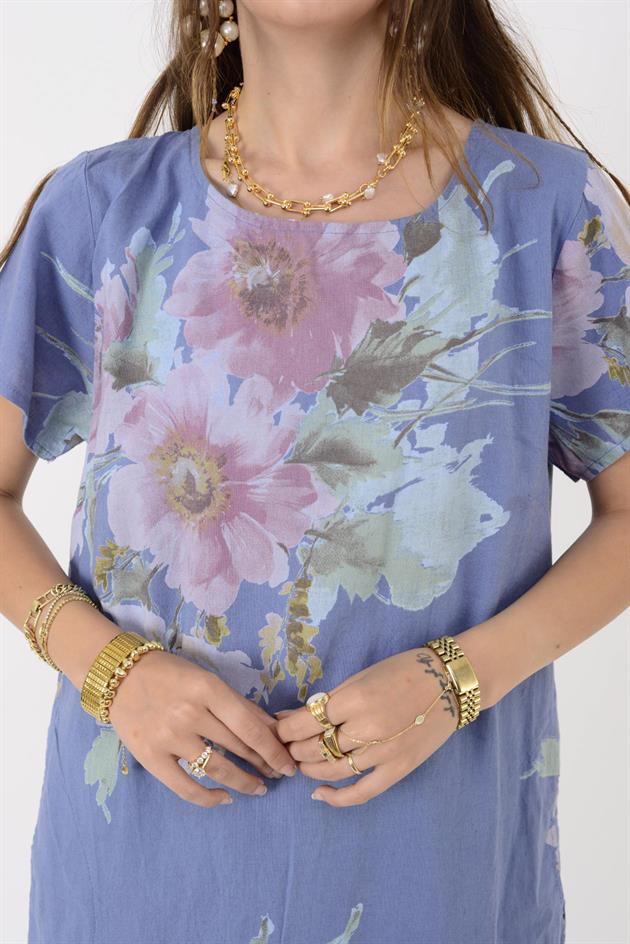 9118  SPRING ÇİÇEK DESEN KISA KETEN ELBİSE