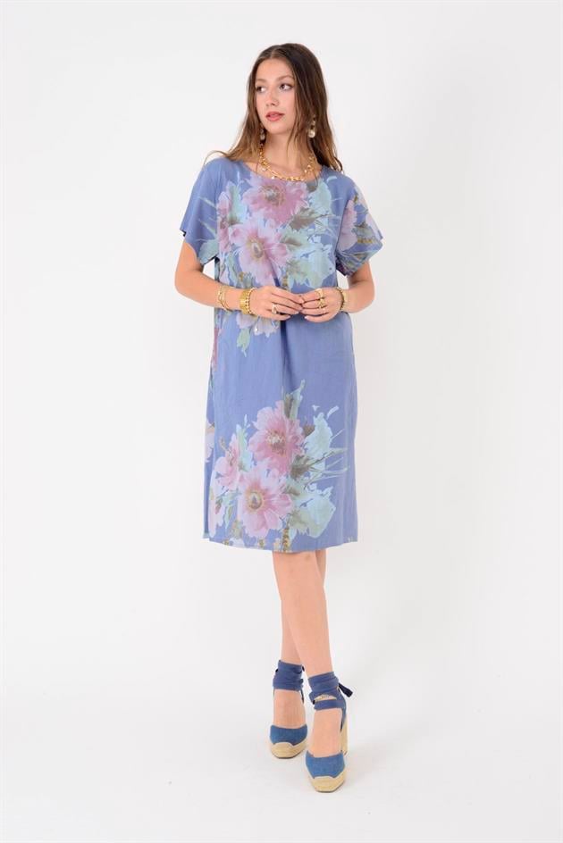 9118  SPRING ÇİÇEK DESEN KISA KETEN ELBİSE