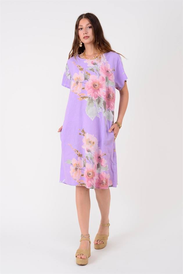 9118  SPRING ÇİÇEK DESEN KISA KETEN ELBİSE