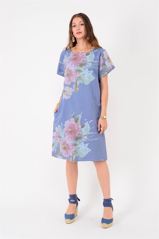 9118  SPRING ÇİÇEK DESEN KISA KETEN ELBİSE