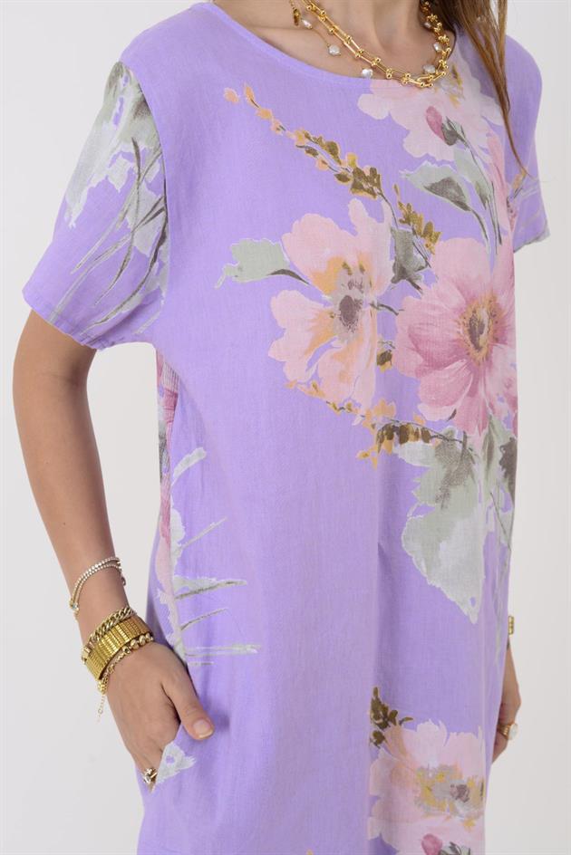 9118  SPRING ÇİÇEK DESEN KISA KETEN ELBİSE