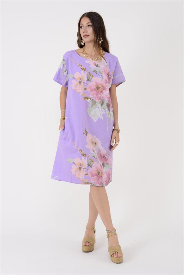 9118  SPRING ÇİÇEK DESEN KISA KETEN ELBİSE