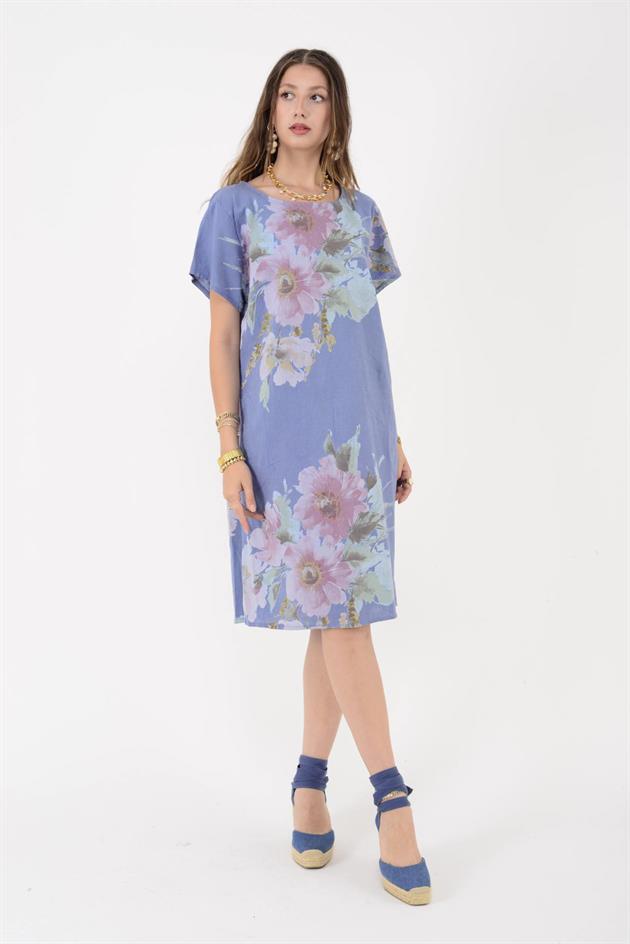 9118  SPRING ÇİÇEK DESEN KISA KETEN ELBİSE