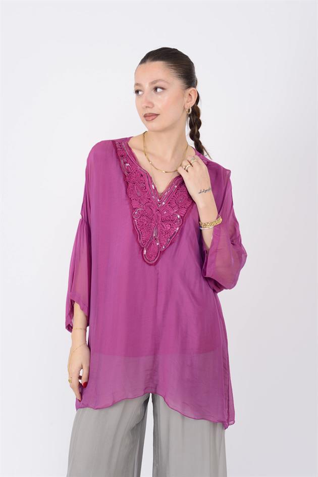 9446 DANTEL DETAYLI V YAKA İPEK BLUZ