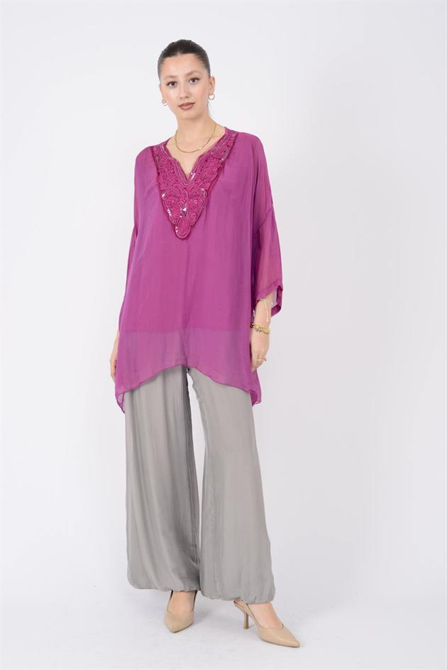 9446 DANTEL DETAYLI V YAKA İPEK BLUZ