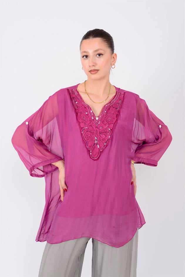 9446 DANTEL DETAYLI V YAKA İPEK BLUZ