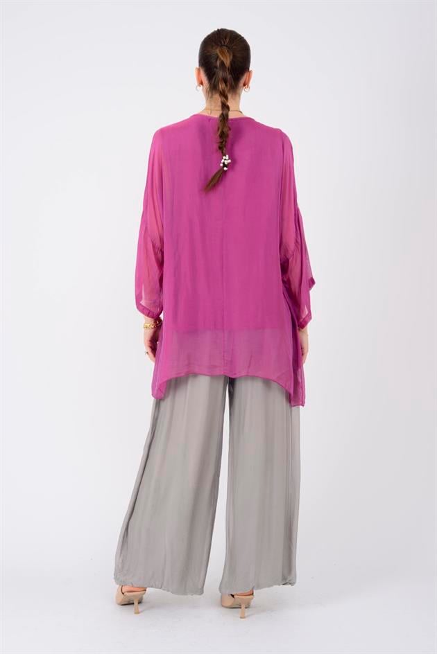 9446 DANTEL DETAYLI V YAKA İPEK BLUZ