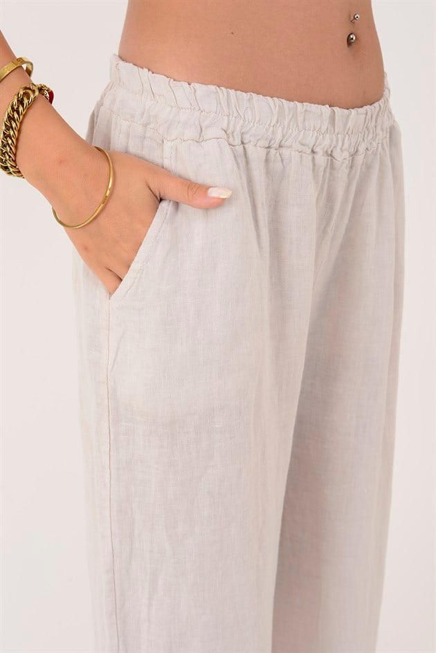 9520 BELİ LASTİKLİ KETEN PANTOLON