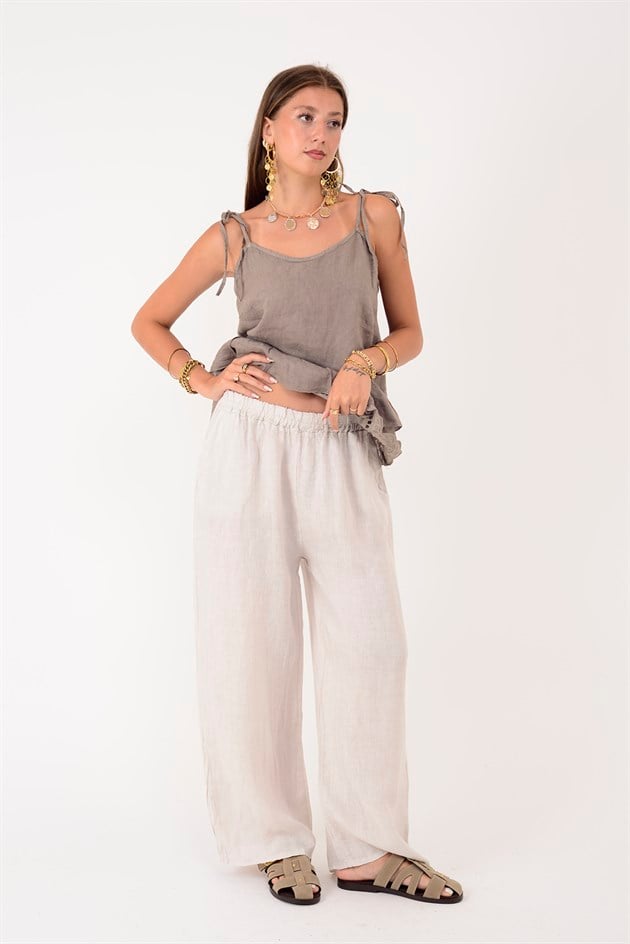 9520 BELİ LASTİKLİ KETEN PANTOLON