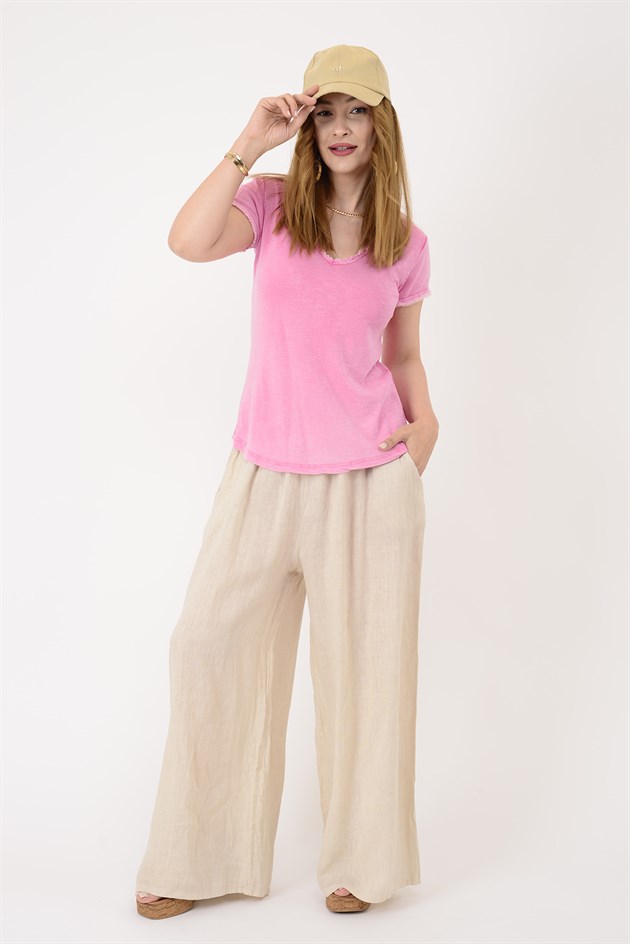 954304 V YAKA TAŞLAMALI T-SHIRT BLUZ