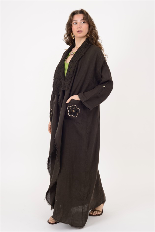 96441 NAKIŞ İŞLEMELİ PAYET DETAYLI KETEN CEKET