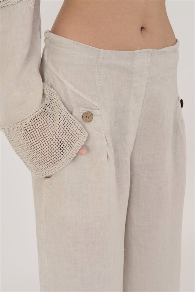 9720 DÜĞME DETAYLI KETEN PANTOLON