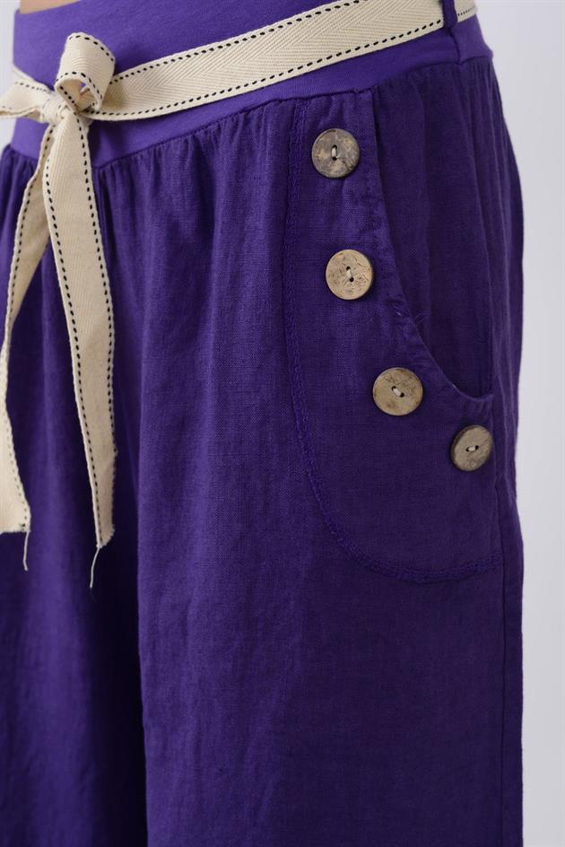 9847 DÜĞME DETAYLI KEMERLİ KETEN PANTOLON