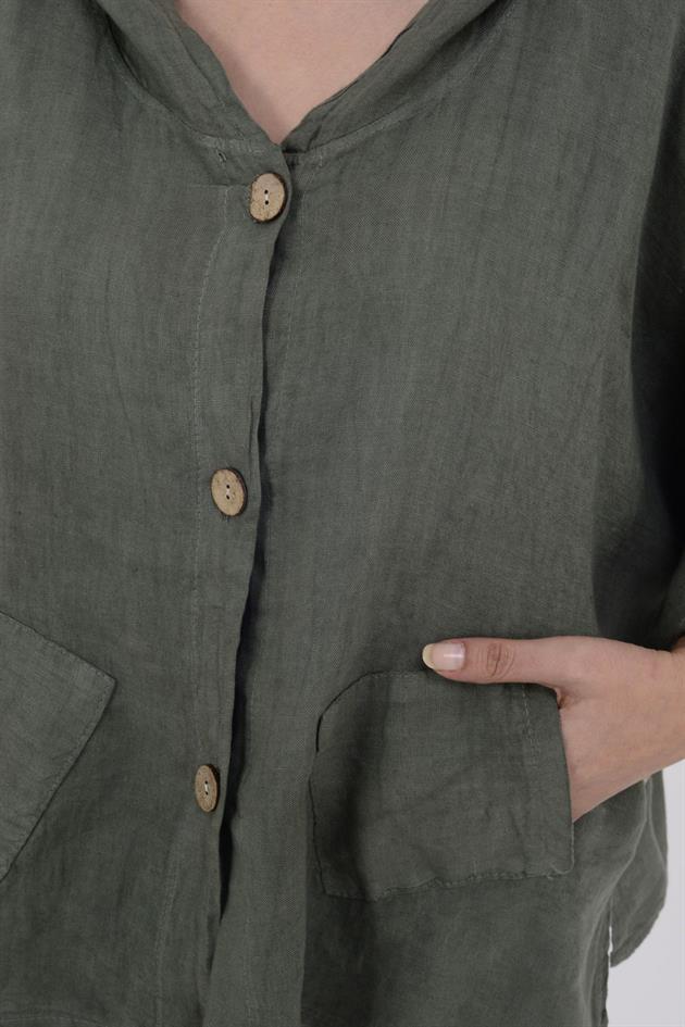 9869 YANLARI DÜĞME DETAYLI KAPÜŞONLU KETEN CEKET