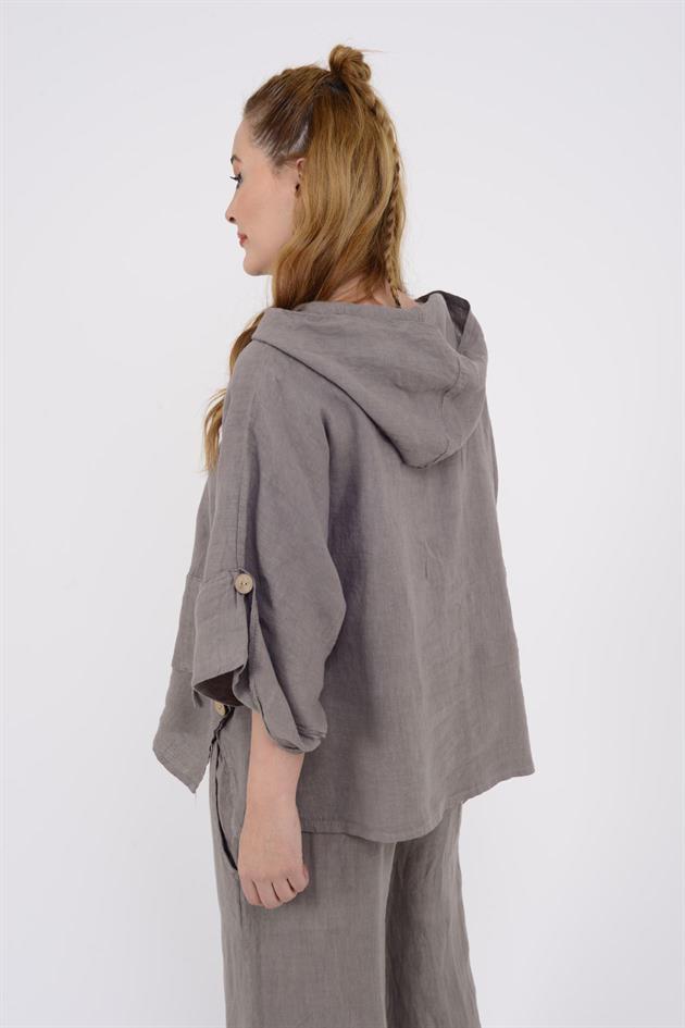 9869 YANLARI DÜĞME DETAYLI KAPÜŞONLU KETEN CEKET