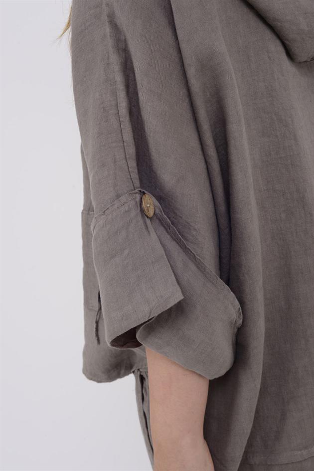 9869 YANLARI DÜĞME DETAYLI KAPÜŞONLU KETEN CEKET