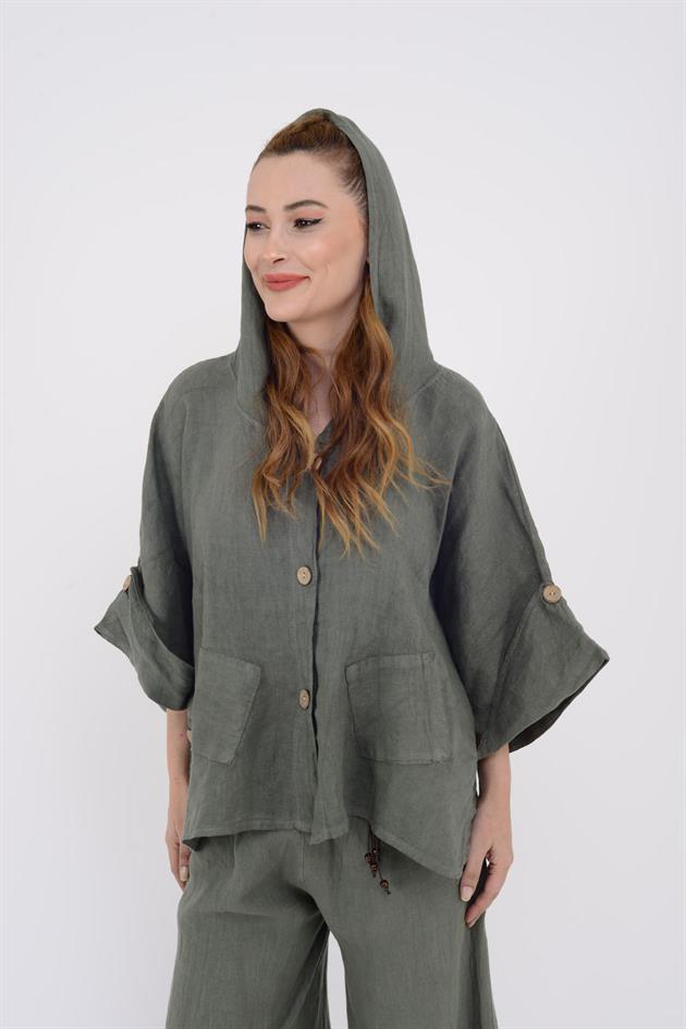 9869 YANLARI DÜĞME DETAYLI KAPÜŞONLU KETEN CEKET