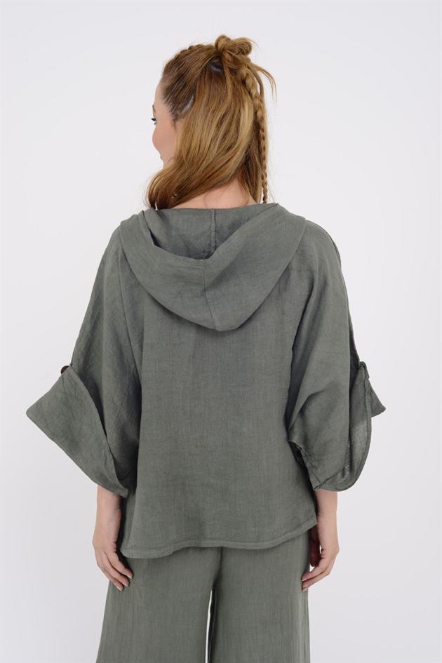 9869 YANLARI DÜĞME DETAYLI KAPÜŞONLU KETEN CEKET