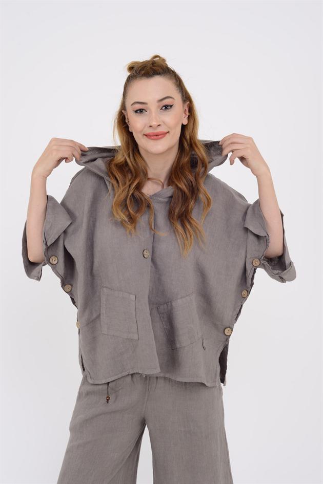 9869 YANLARI DÜĞME DETAYLI KAPÜŞONLU KETEN CEKET