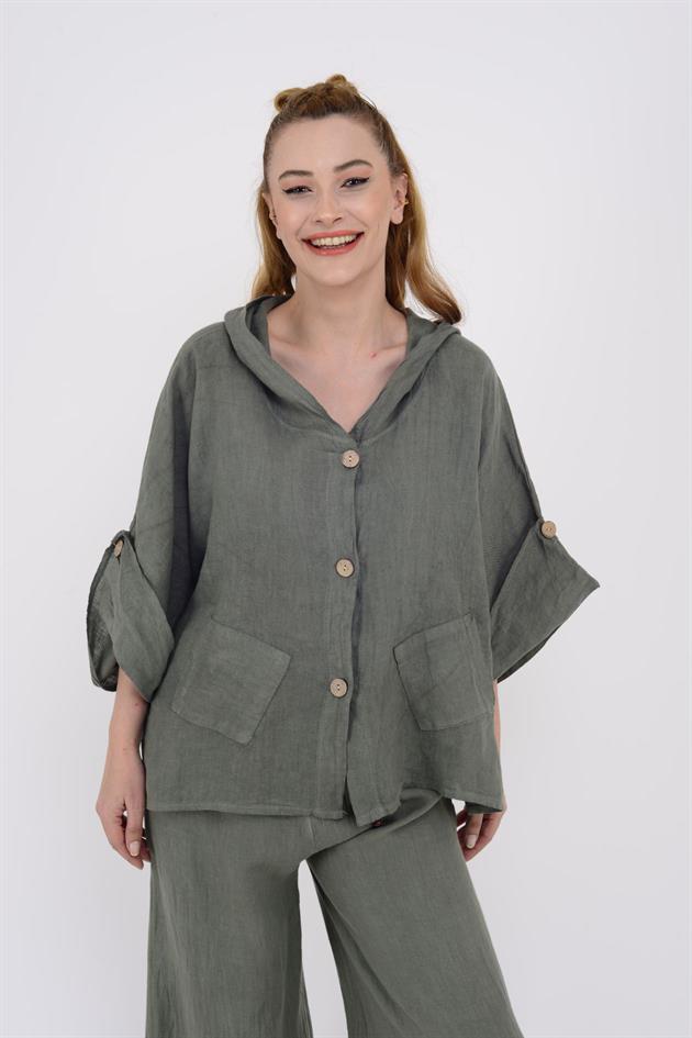 9869 YANLARI DÜĞME DETAYLI KAPÜŞONLU KETEN CEKET