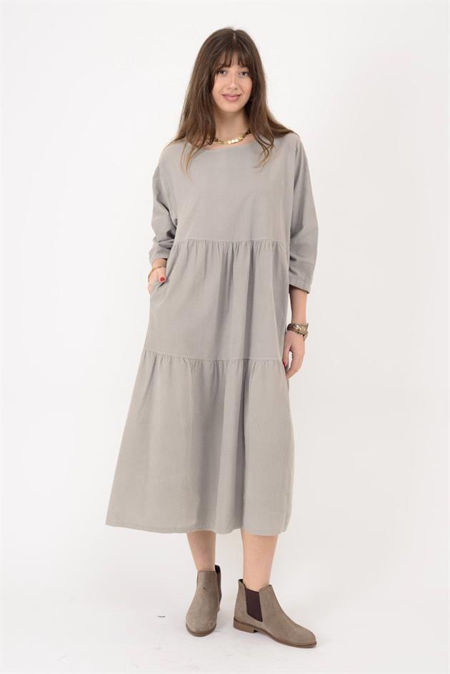 9879 LOVA BİSİKLET YAKA FİTİLLİ KADİFE ELBİSE