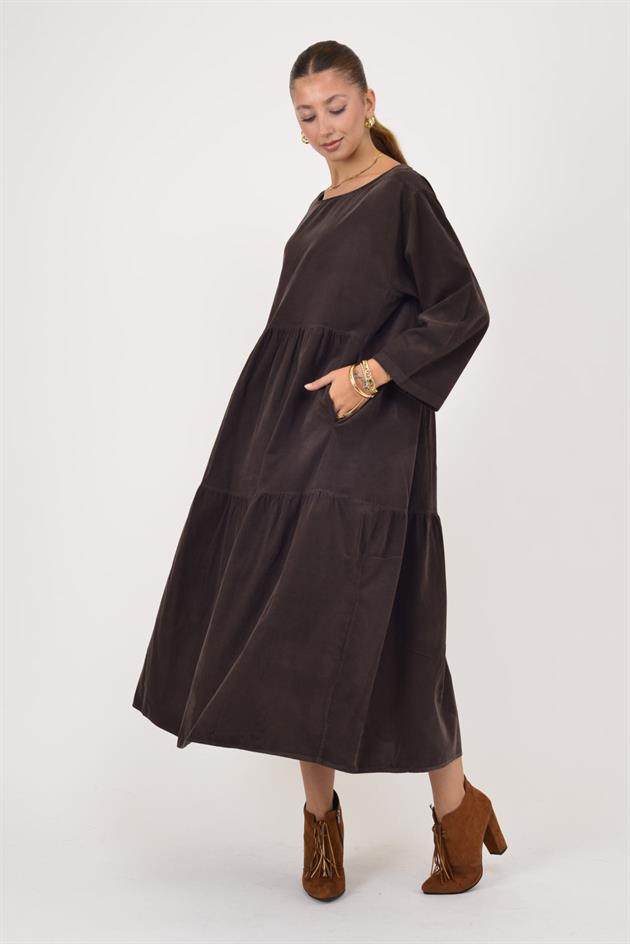 9879 LOVA BİSİKLET YAKA FİTİLLİ KADİFE ELBİSE