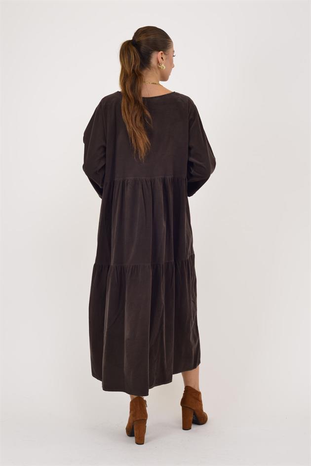 9879 LOVA BİSİKLET YAKA FİTİLLİ KADİFE ELBİSE