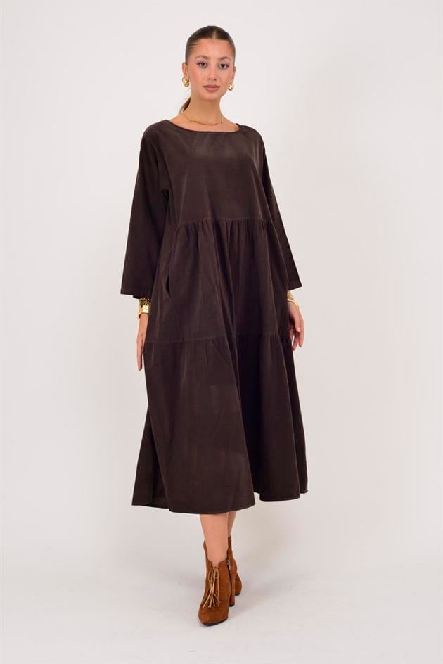 9879 LOVA BİSİKLET YAKA FİTİLLİ KADİFE ELBİSE