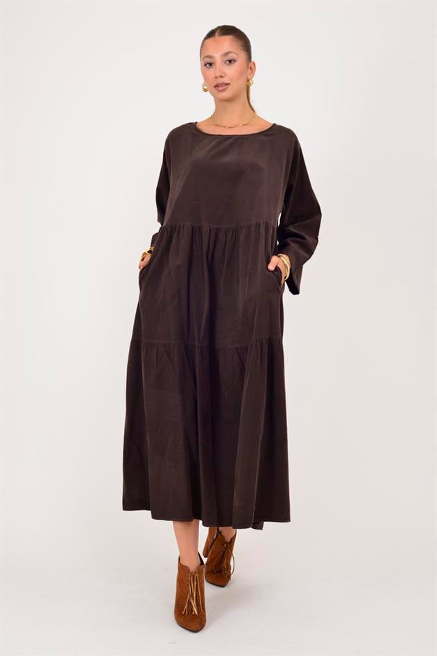 9879 LOVA BİSİKLET YAKA FİTİLLİ KADİFE ELBİSE