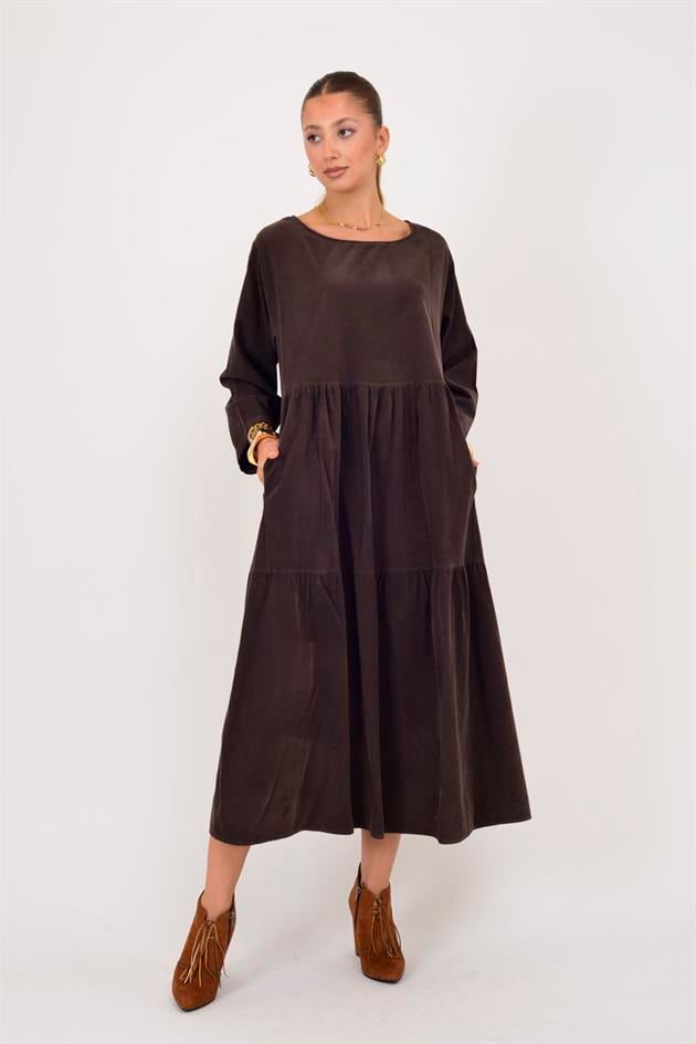 9879 LOVA BİSİKLET YAKA FİTİLLİ KADİFE ELBİSE