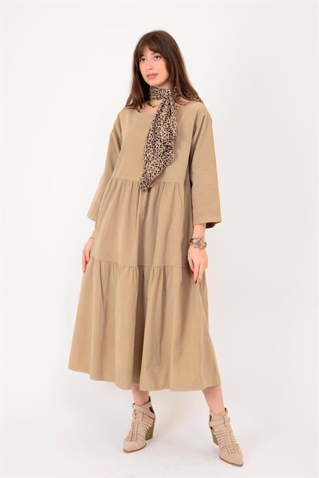 9879 LOVA BİSİKLET YAKA FİTİLLİ KADİFE ELBİSE