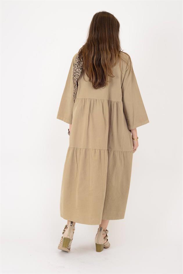 9879 LOVA BİSİKLET YAKA FİTİLLİ KADİFE ELBİSE