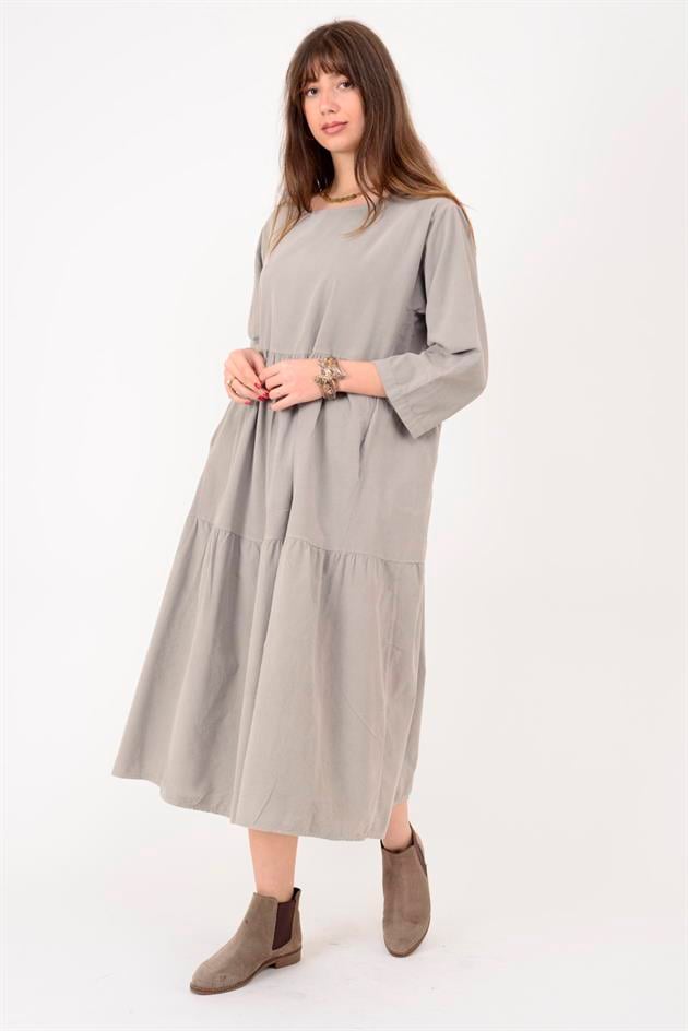 9879 LOVA BİSİKLET YAKA FİTİLLİ KADİFE ELBİSE