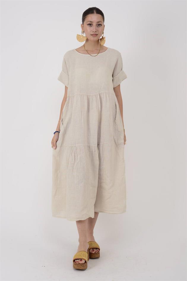 9879 LOVA VOLANLI KETEN ELBİSE