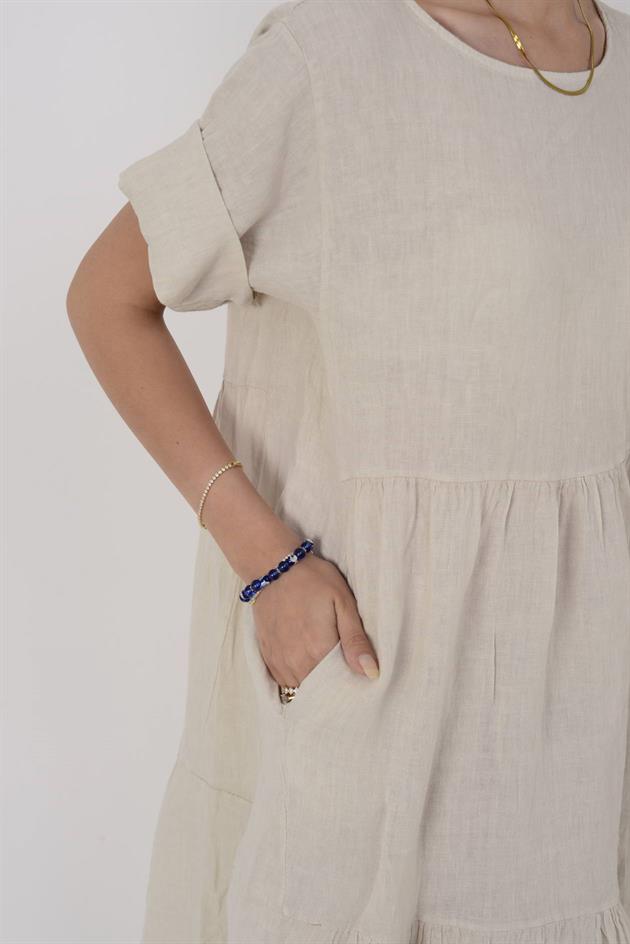 9879 LOVA VOLANLI KETEN ELBİSE