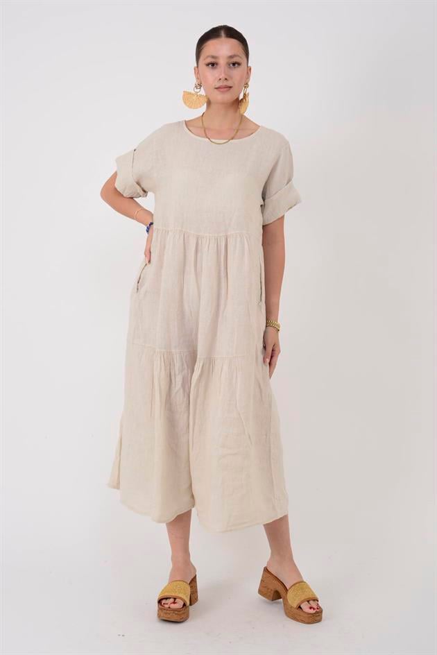 9879 LOVA VOLANLI KETEN ELBİSE