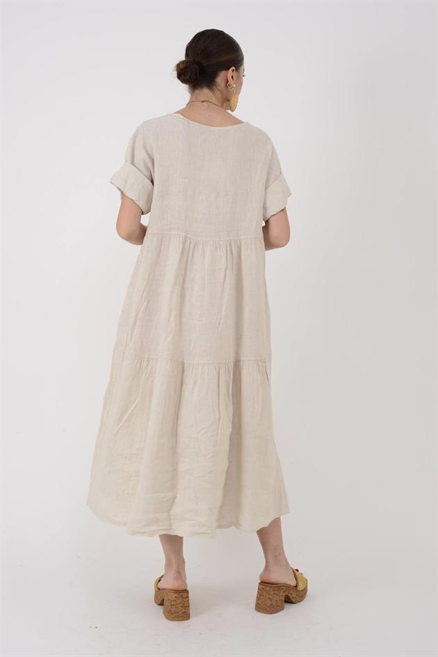 9879 LOVA VOLANLI KETEN ELBİSE